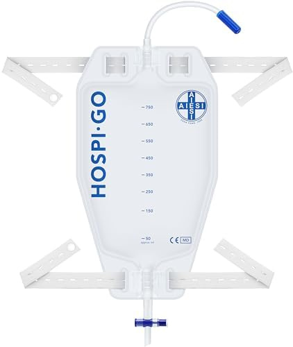 AIESI® Bolsas de orina de piernas capacidad de 750 ml tubo de 30 cm con grifo de descarga cruzado (T) y válvula antirreflujo HOSPI-GO (Paquete de 50 piezas), Espalda en TNT transpirable