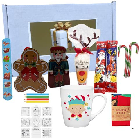 Kids Christmas Eve Box Hamper Filled - Hot Chocolate Gift Set, Xmas Mug, Socks, Candy Canes, Gingerbread, Nutcracker Coins Tins, Snap Band, Activity Book, Stocking Fillers for Kids Xmas Gift set - Elf