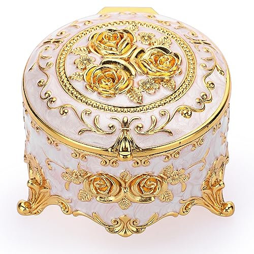 IGNPION Boîte à bijoux décorative vintage - Petite boîte à bijoux ronde pour bagues, boucles d'oreilles, colliers - Beige