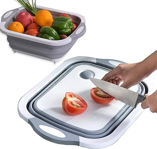 König Design Tagliere pieghevole multifunzione con contenitore Colander per alimenti, in silicone, per lavabo, per casa, cucina, campeggio, picnic (grigio)