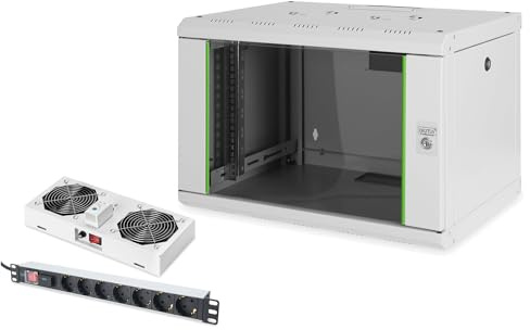 DIGITUS Set: Armario de Red de 19 7U + Ventilador de Techo + regleta de 7 Puertos // Rack de 19 Pulgadas - Montaje en Pared - Profundidad 450mm - Carga 100kg - Profundidad útil 305-370 mm - Gris