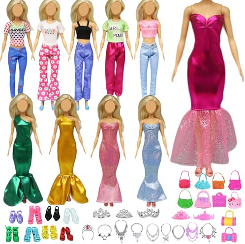 Abbigliamento compatibile con bambole Barbie, 34 pezzi di vestiti per bambole e accessori per bambole: 3 abiti alla moda, 6 top e pantaloni, 10 paia di scarpe, 15 accessori per bambole da 11,5 pollici
