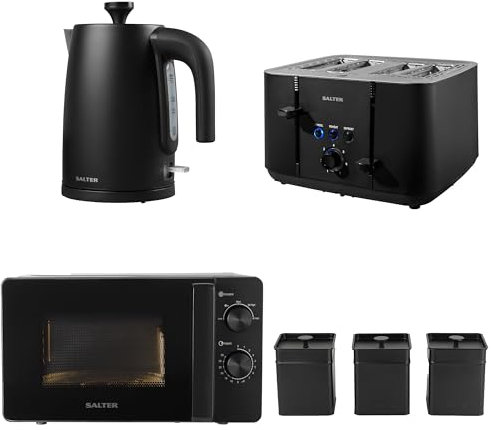 Salter COMBO-8856 Kuro Kettle Toaster Microwave Set – With Storage Canisters, Tea/Coffee/Sugar Tins, 1.7L Fast Boil Kettle, 4-Slice Toaster, Freestanding 20L Microwave Oven With Dial Control, Black