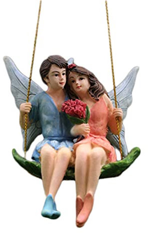 Outdoor Garden Fairy Statue Ornaments, Angel Sculpture, Flower Fairy Garden Statue, Swing Angel Lover Miniature Figurine Ornaments Couple Sitting On Swing, Patio Decor (A)