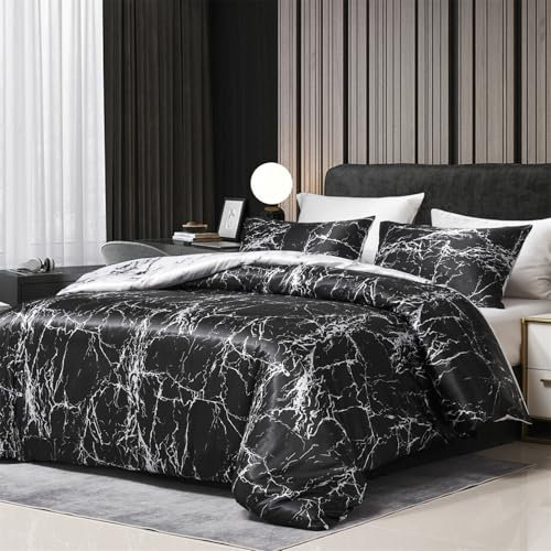 Boqingzhu Satin Bettwäsche 200x200cm Schwarz Weiß Grau Marmor Optik Muster Modern Aesthetic Edel Seide Wende Bettwäsche Set Sommer Winter Doppelbett Bettbezug und Kissenbezug 80 x 80 cm