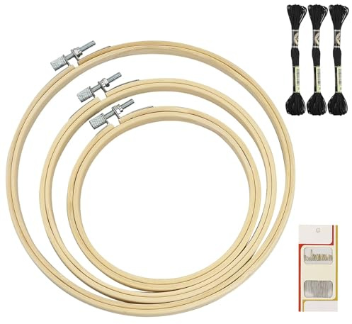 EASYKEENECOM Lot de 3 cercles à broder ronds en bambou réglables de 20 cm avec 16 aiguilles à coudre et 3 fils à broder noirs