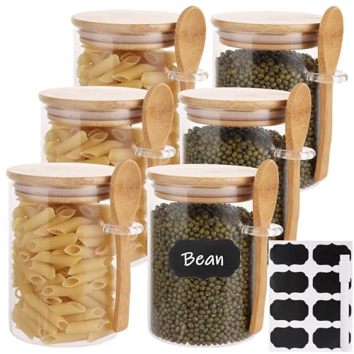LOLYSIC 6 Pcs Glass Jars with Airtight Lid and Spoon, Glass Overnight Oats Containers with Label and Pen, Kitchen Glass Storage Jar Canisters for Salt Sugar Nuts Tea Coffee Spice (500ml 17oz)