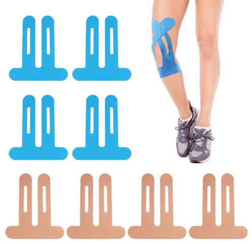 PreCut Lot de 8 bandes de kinésiologie pré-découpées pour genoux - Imperméables et élastiques - Pour douleurs au genou (couleur peau, bleu)