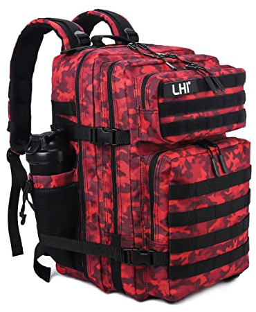 LHI Zaino Tattico Militare 45 Litri Resistente all'acqua per Trekking, Montagna, Caccia e Viaggi - Ideale per Uomo, Sport all'Aperto e Attrezzature Militari - Mimetica rossa
