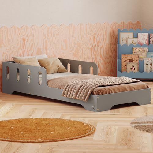 smartwood Barnsäng 120x200 cm med Fallskydd, av Furuträ, Grå, TILA 6 | Montessori golvsäng, ribbotten upp till 300 kg, FSC-certifierad, rundade kanter, enkel montering, från 3 år, 123x203x40 cm