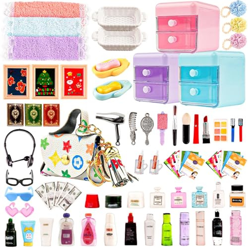 87Pcs Dollhouse Miniature Bathroom Accessories Cosmetic & Toilet Pretend Play Mini Makeup Set with Shampoo Perfume Hair Dryer Comb Purse Decor DIY Doll Backpack Glasses Photo Frame Salon Spa