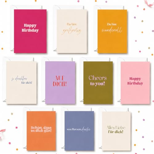 PN Kartenwerk 10er Set Geburtstagskarten mit Briefumschlägen schlicht - Glückwunschkarte | Happy Birthday Karte | Karten Geburtstag | Birthday Card | Geburtstagskarte für Männer & Frauen Set