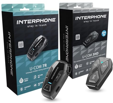 INTERPHONE U-COM 7R och U-COM 3HD motorcykelintercom, 2-pack förare passagerare motorcykel intercom, hjälmintercom med Bluetooth 5.1 för gruppkommunikation för upp till 4 användare, IP67 vattentät