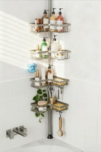 KEGII Shower Caddy Tension Pole, 4-Tier Rustproof Adjustable Corner Bathroom Organizer for Renters, 25–114.2 Inch No Drill Space-Saving Shower Storage Rack, Silver Gray