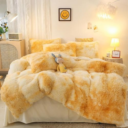 Sacebeleu Ropa de cama de invierno de 200 x 220 cm, color amarillo, felpa larga, franela mullida, funda nórdica cálida y 2 fundas de almohada de 80 x 80 cm con cremallera