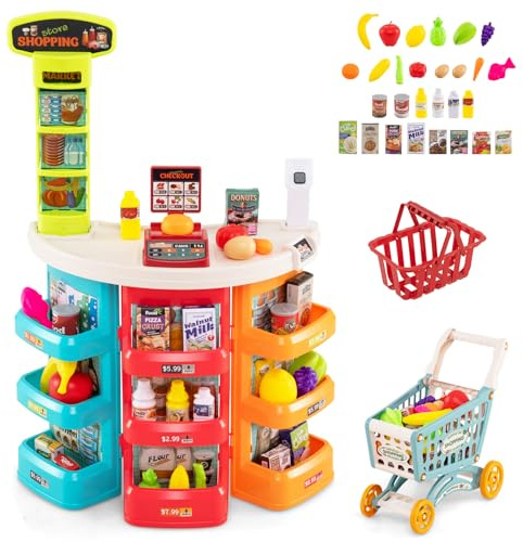 RELAX4LIFE Supermercado Juguete Infantil con Luz, Sonido, Carrito Compra, Cesta y 29 Accesorios, Caja Registradora Juguetes con Escáner, Supermercado de Madera para Niños de 3+ Años (Multicolor)