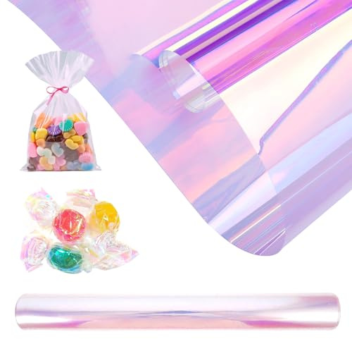 Gykutix 80 cm x 15 m Arcoíris Papel Celofán Transparente, Papel Celofán Iridiscente, Envoltura Transparente Impermeable para Boda, Ramo de Flores, Regalo, Paquete de Dulces