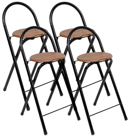 THE SECRET HOME - Pack de 4 Taburetes Plegables de Cocina - Asiento Plegable de Metal y Madera - Taburete Apto para Interior y Exterior (Alto: 80 cm x Largo: 40 cm - Madera Oscura/Negro)