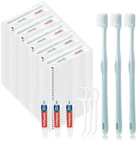 Lomgwumy Engångsrese tandborste, tandborste och tandkräm, individuellt förpackad, grå, med tandtråd, lämplig för hotell, hem, camping, resor (100-pack)