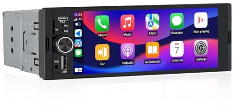 Junsun Smartes 1 DIN bilradio med 6,36 tums pekskärm med bakkamera | wired and wireless Carplay och Android bil, rattkontroll, SD-plats USB-port, extern mikrofon