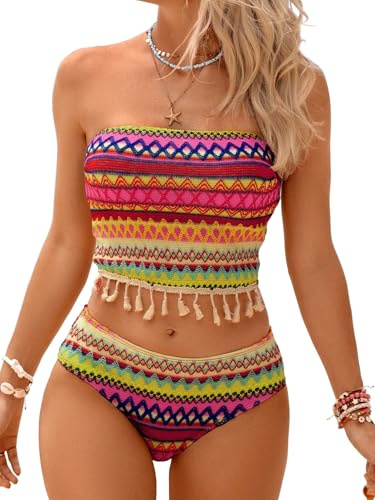 ZAFUL Bandeau Bikini Set Women Bohemian Geometric Stripe Fringe High Waist Swimsuit Strapless Textured Beachwear - Boho X-Large