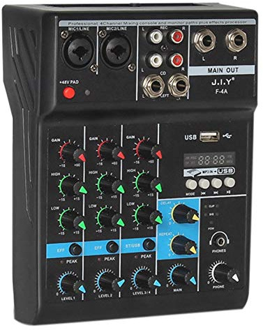 Prterver Console DJ Professionnelle de Mixage Audio MéLangeur Bluetooth à 4 Canaux avec Effet de RéVerbéRation pour Karaoke USB Live Stage KTV