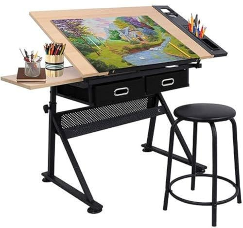 BBBuy Drafting Table Drawing Desk Art&Craft Work Station Height Adjustable Tilting Tabletop Craft Table Desk w/Stool and 2 Storage Drawers for Home Office Study Room, Natural