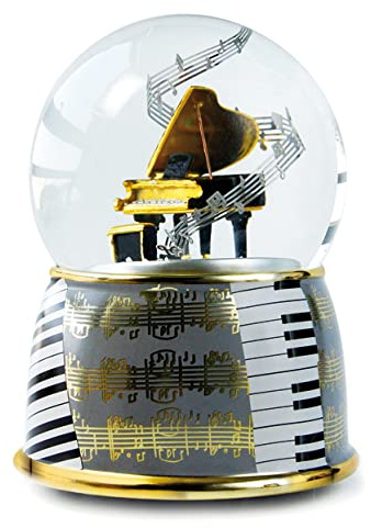 Bola de Nieve Musical/Caja de música Animada con Globo de Vidrio, Base de Porcelana, Piano de Cola Giratorio, Purpurina y Mecanismo Musical de Resorte de 18 Notas - Concierto n.º 5 (Beethoven).
