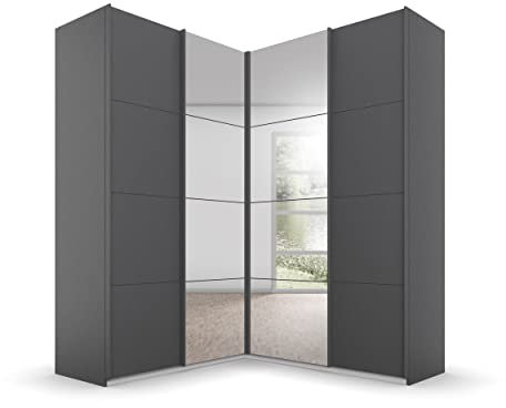 Rauch Möbel Quadra Schrank Eckschrank Schwebetürenschrank, Grau metallic, Schwarz, 4-TRG. mit Spiegel, inkl. 2 Kleiderstangen, 12 Einlegeböden, 3 Schubladen, BxHxT 181x229x187 cm