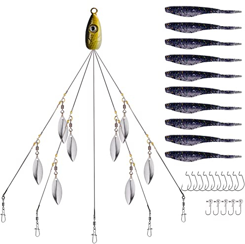 Blueshyhall 5 brazos Alabama Rig Señuelos de pesca, aparejos de pesca de Alabama Rig Bass, cebo artificial, juego de señuelos de pesca, con 8 hojas de Willow y 15 anzuelos