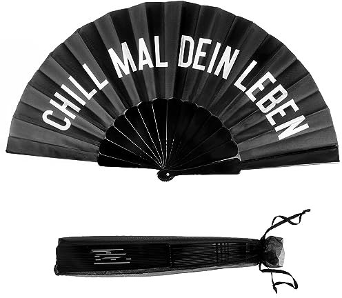COLOFALLA Schwarzer Handfächer mit Organzabeutel Lustig Fächer Klein Chill mal Dein Leben für Mann Frau Beste Freundin Freundinnen Kollgen Sommer (Chill mal Dein Leben)