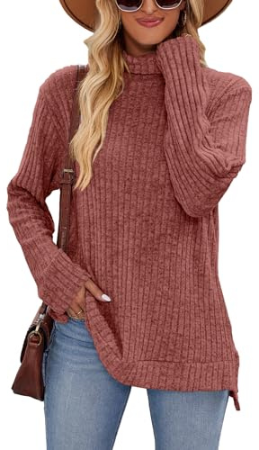 Famulily Ladies Long Sleeve Loose Casual Jumpers, Oversized Side Splits Turtleneck Tunic Sweaters for Leggings (XXL, Red)