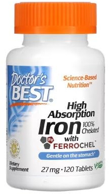 Doctor's Best Fer à Haute Absorption, 27mg - 120 comprimés - Soutien pour la Santé Sanguine