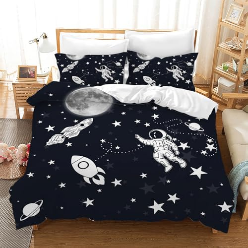 Leleyouzer Set di Biancheria da Letto con Tema Astronauta e Razzo, Motivo Spazio Cosmico con Pianeti e Astronavi, Set di Biancheria da Letto in Microfibra per Bambini con 2 Federe 50 x 75cm