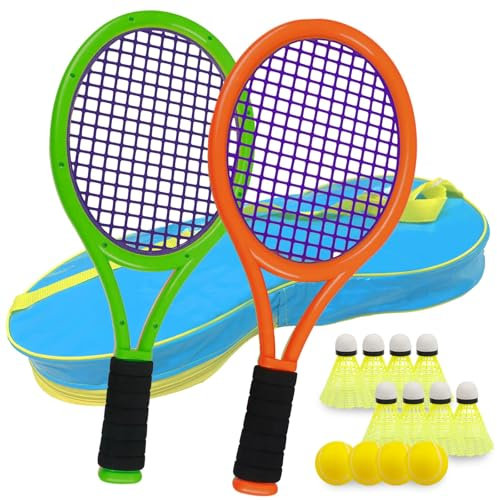 Ppbmocw TennisschläGer Kinder 3-15 Jahre,Das TennisschläGer-Set FüR Kinder Umfasst Zwei 17-Zoll-TennisschläGer, Acht BadmintonbäLle(Blau&Rosa) (Tieforangegrün-one)