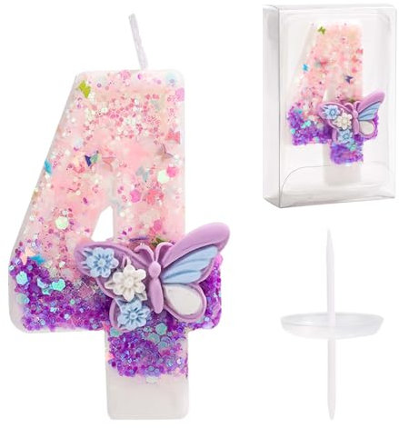 Birthday Candles Numbers, 2.8in Butterfly Birthday Candles Glitter Number Candle with Sequins Cake Candles Toppers Decorations for Girls Women Anniversary Celebration Party Supplies (Number 4)