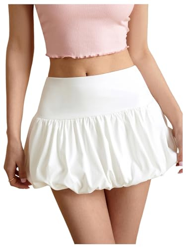 GORGLITTER Women's Mini Bubble Skirt Elastic Waist Ruffle Short Skirts | Y2k Cute Style, Flared Skorts with Build in Shorts, High Rise, Outfits for Summer, Party, Going Out