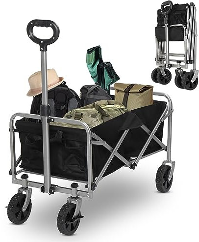 LEADZM Chariot à roulettes Tout Terrain, Poignée Réglable,Chariot de Plage Pliable pour Extérieur Camping Festival,Courses,Jardin avec Jusqu’à 100KG (Noir argenté)