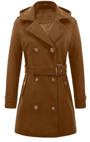 QIUhhpuy Trench Coat Femme avec Capuche Amovible Trench Mi-Long à Double Boutonnage Et à Revers Manteaux ImperméAbles Casual Vestes Printemps Automne avec Ceinture Casual AjustéE Manteaux