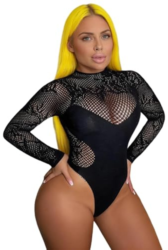 Kizvora Sheer Mesh Bodysuit - Stretchy See-Through Lingerie, Valentine’s & Honeymoon Nightwear, Fits 85-176lbs (Black, One Size)