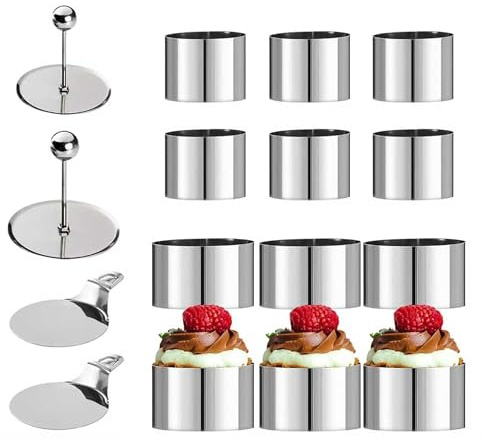Nsawtasche Lot de 12 anneaux à dessert en acier inoxydable (8 cm + 6 cm) – Parfait pour la mousse, les tartes et la pâtisserie – Avec pilon et pochoirs, passe au lave-vaisselle (12)