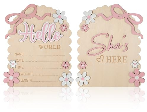 Baby Announcement Sign, Wooden Hello World Newborn Welcome Sign, She’s Here Card, Bow Birth Stats Signs Newborn Photo Prop, Monthly Milestone Wood Double-Sided | She’s Here Card, Bow Birth Stats Signs, Newborn Photo Prop, Monthly Milestone, Wood Double-Sided