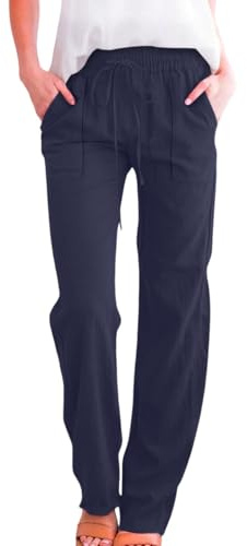 Summer Trousers for Women, Cotton Linen Ladies Trousers Elasticated Waist Straight Leg Pants with Drawstring Plus Size Spring Summer Dressy Casual Loose Fit Lounge Full Length Pants for Work
