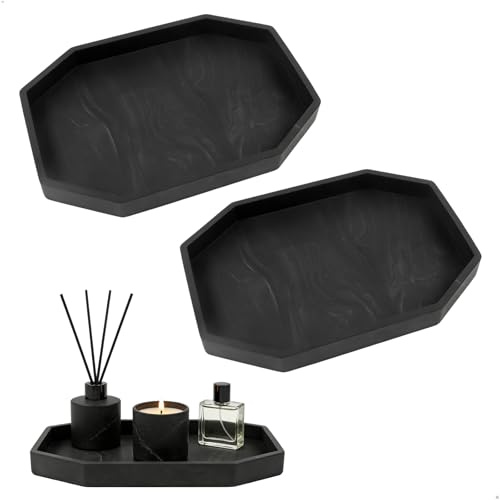 Vassoio Decorativo, Vassoio Bagno Svuotatasche Portaoggetti Ottagonale in Silicone ad Effetto Marmo, Vassoio Multiuso per Bagno Camera da Letto e Ingresso 2 Pezzi Nero