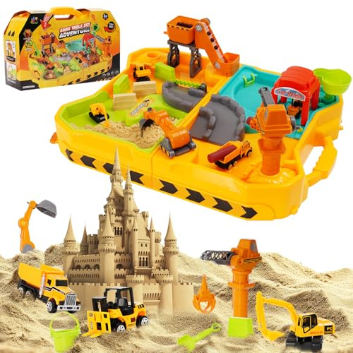 HOMCENT Chantier de Construction avec Sable Magique,Bac à Sable Sensoriels,Grue,Camions de Construction & Moules de Château,ouets,Table de Jeux d'eau et de Sable,Jouets pour Enfant Garçon Fille 3-8+