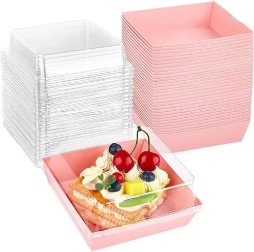 SVUPUE Tårtlåda, kakkartong, ger plats för makroner, kakor och kex, muffins, lämplig för födelsedagar, fester, med transparent fodral, rosa kaklåda (50 stycken)