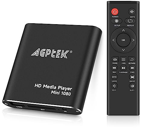 AGPTEK Mini 1080P Full HD convertisseur numérique Lecteur multimédia Lecteur média Player avec Télécommande pour MP3, WMA, OGG, AAC, Plate, Ape, AC3, DTS, Atra