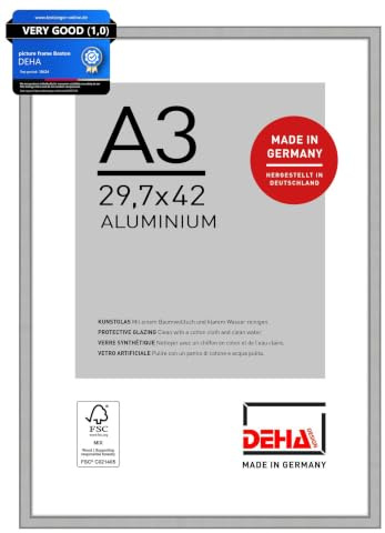 DEHA Design Boston A3 Picture Frame - Frosted Silver Aluminium A3 Photo Frame (29.7x42 cm) - with Synthetic Glass and Push/Turn Clips For Prints & Artwork - Modern Home Décor