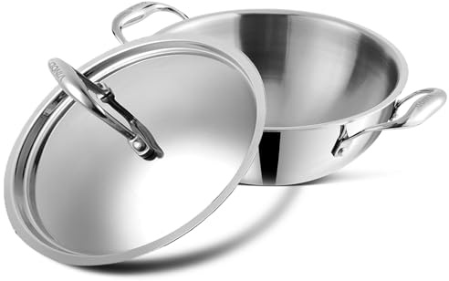 Vinod Platinum Extra Deep Stainless Steel Tri Ply Kadai Wok Saucepan Induction Friendly with Stainless Steel Lid (18 cm.Diameter-1.1 LTR.)