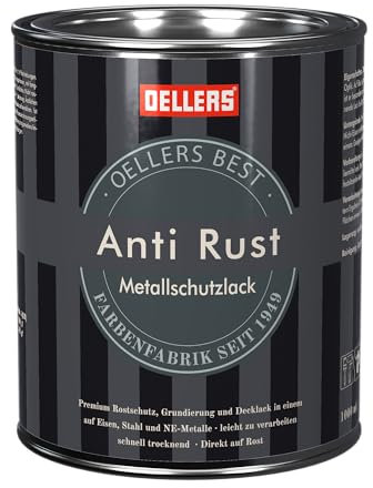 OELLERS Anti Rust, 1 Liter, RAL 9005 Tiefschwarz, 3in1 Metallschutzlack, Rostschutzlack, Grundierung und Deckanstrich + Schutzschicht für alle Metallarten geeignet, direkt auf Rost, 1L/6m²